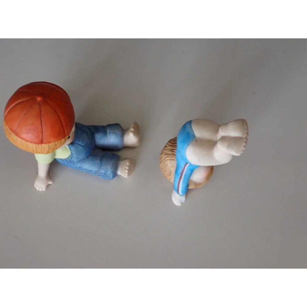ENESCO Boy & Girl Playing Porcelain Figurine Bisque Set of 2 Vintage 1981 & 1983